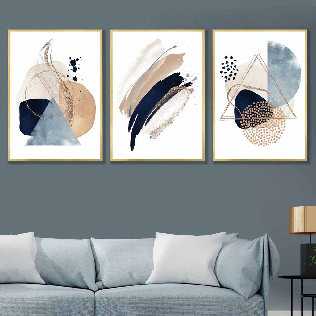 Set of 3 Abstract Beige Blue and Gold Wall Art Prints