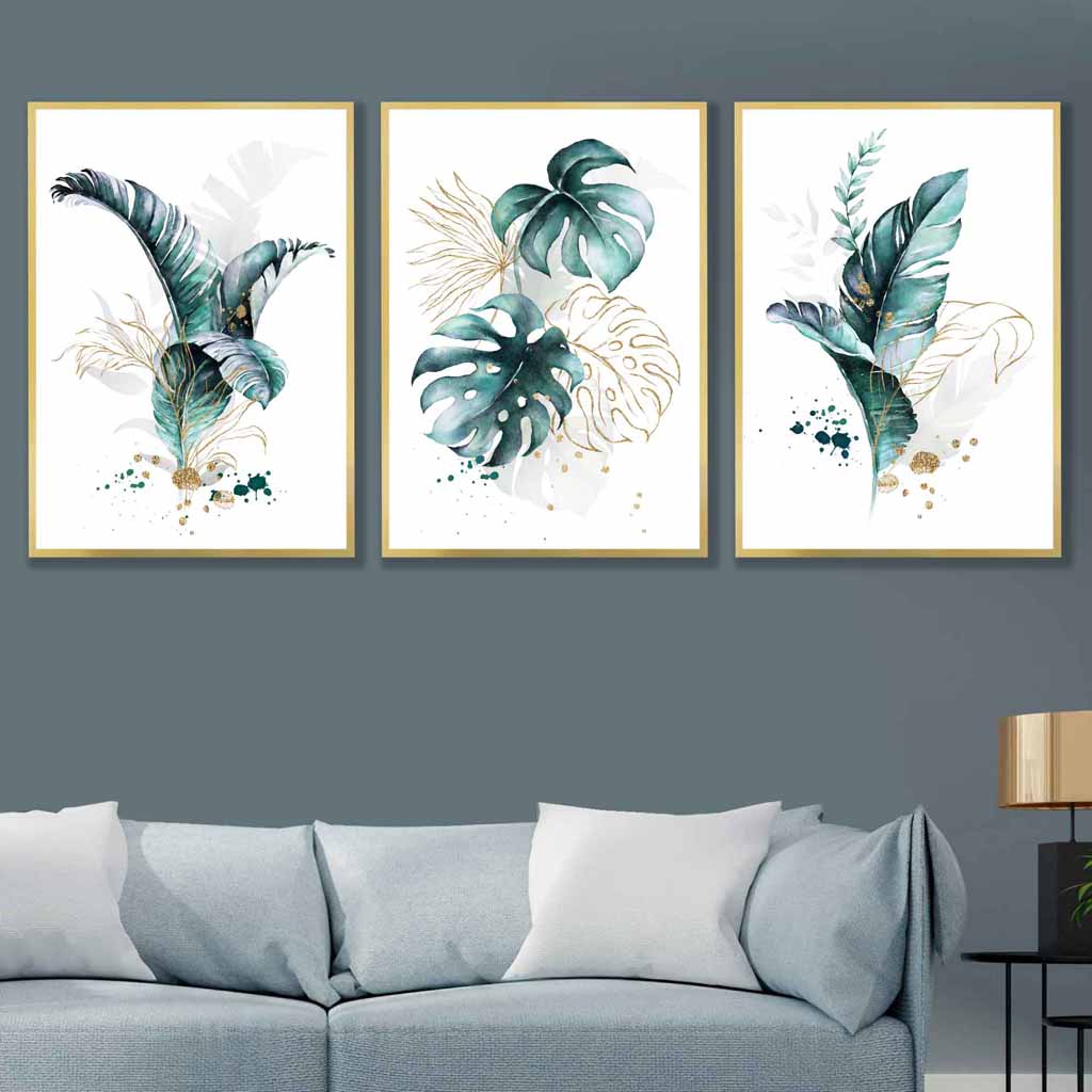Teal Blue and Gold Botanical Set of 3 Floral Wall Art Prints