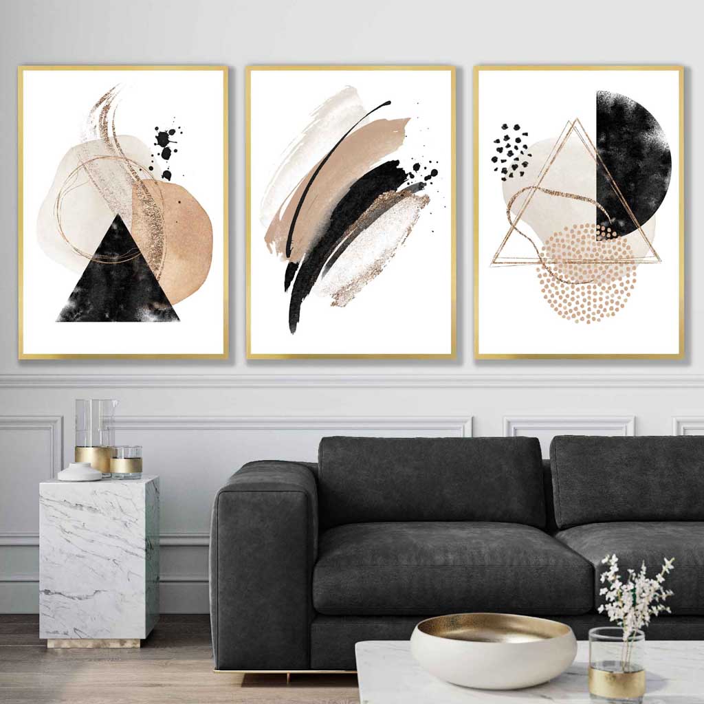 Abstract Black Beige Set of 3 Watercolour Art Prints