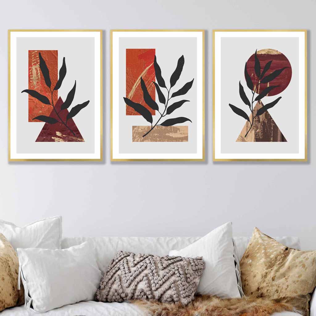 Mid Century Modern Set of 3 Wall Art Prints in Orange & Gold