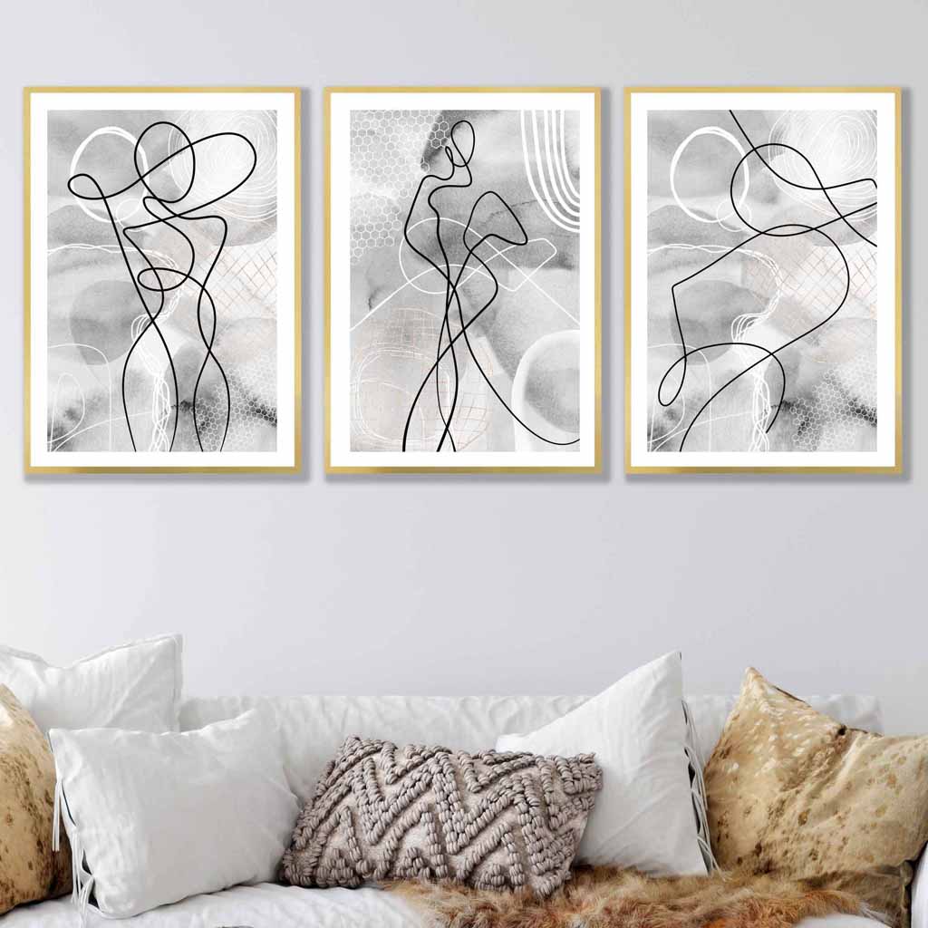 Abstract Set of 3 Fashion Line Art Wall Art Prints in Black & Grey
