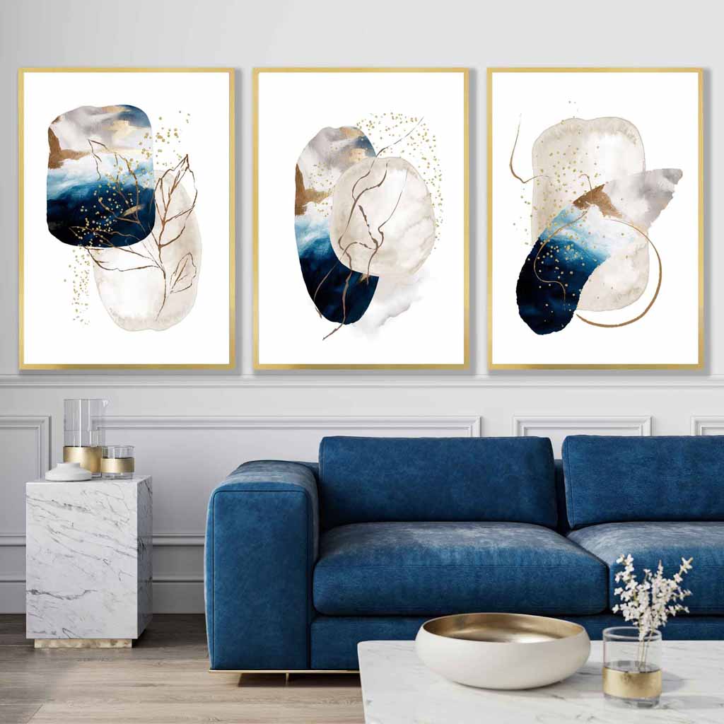 Abstract Textured Navy Blue, Ivory and Gold Set of 3 Wall Art Prints