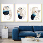 Abstract Textured Navy Blue, Ivory and Gold Set of 3 Wall Art Prints
