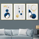 Abstract Set of 3 Textured Geometric Art Wall Art Prints in Navy Blue and Gold