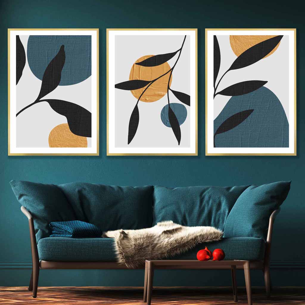 Mid Century Botanical Set of 3 Teal, Yellow Wall Art Prints