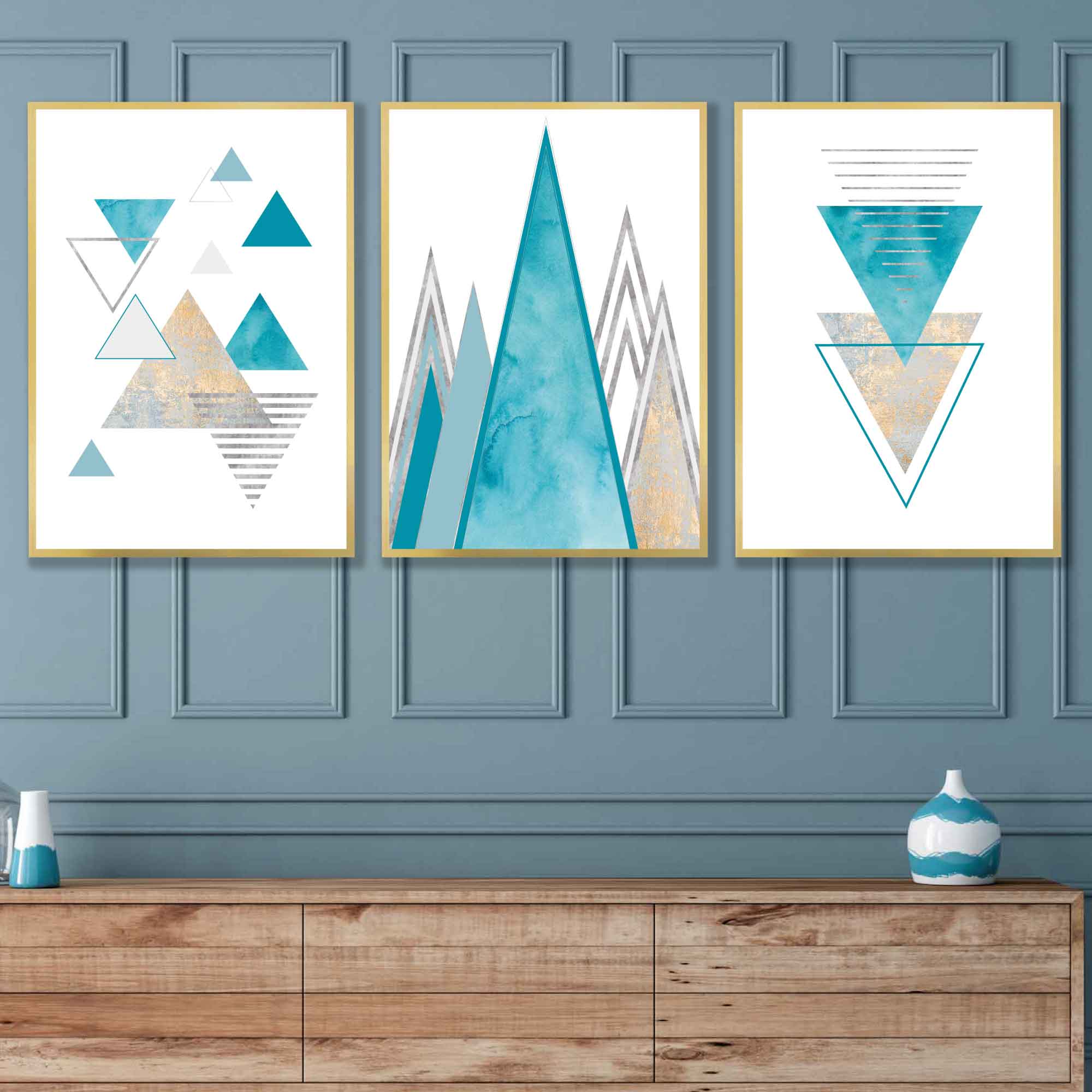 GEOMETRIC set of 3 Aqua Blue and Gold Art Prints Abstract Triangles