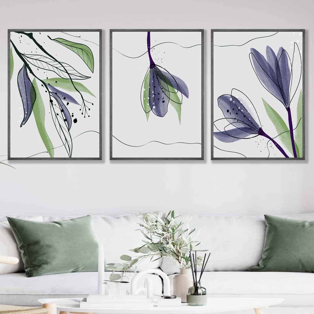 Set of 3 Line Art and Watercolour Spring Crocus Floral Art Prints