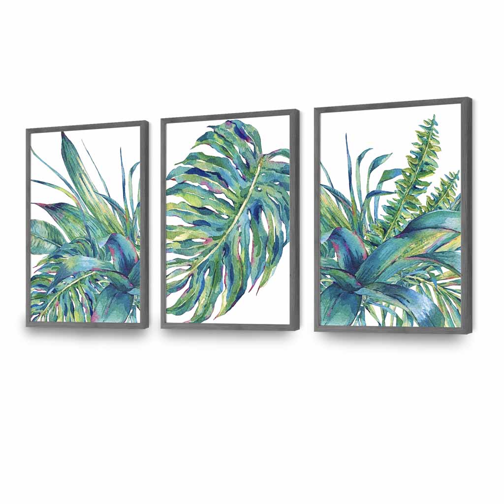 Set of 3 Watercolour Green Blue Tropical Leaves Wall Art Framed Prints | Artze Wall Art UK