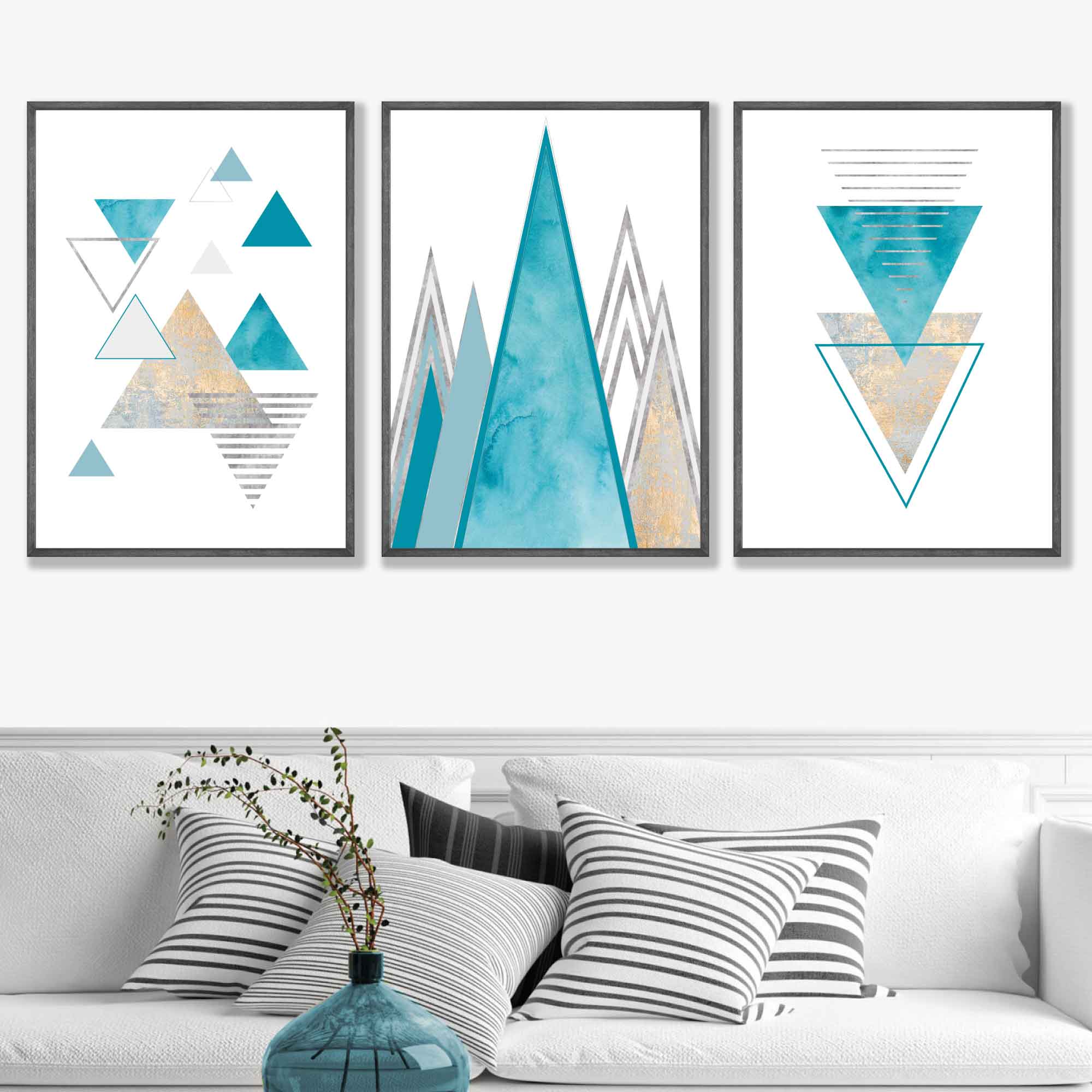GEOMETRIC set of 3 Aqua Blue and Gold Art Prints Abstract Triangles