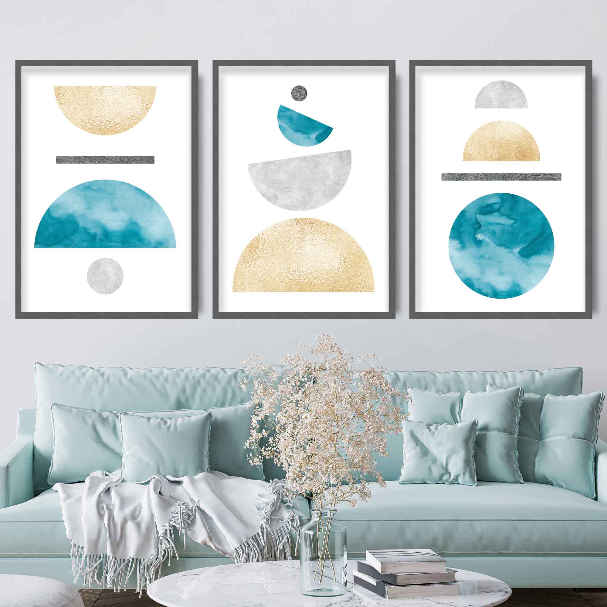 Geometric Abstract Aqua and Gold No 3