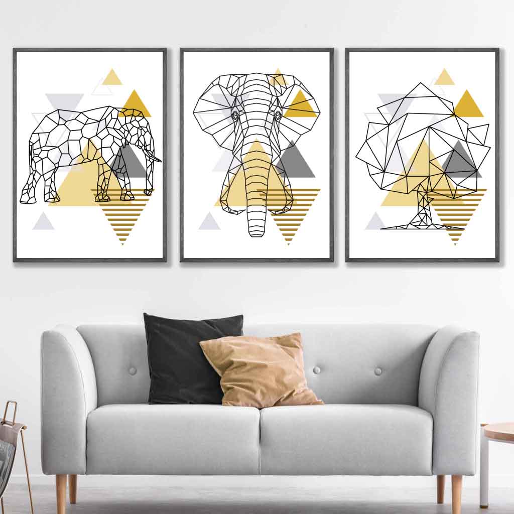 Set of 3 Scandinavian GEOMETRIC YELLOW & Grey ELEPHANT and Tree Art Prints