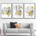 Set of 3 Scandinavian GEOMETRIC YELLOW & Grey ELEPHANT and Tree Art Prints