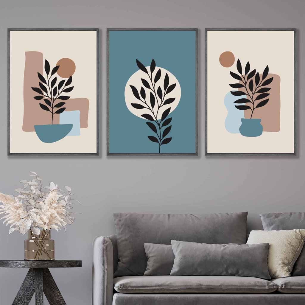 Botanical Set of 3 Boho Framed Wall Art Prints in Blue | Cream | Artze Wall Art UK