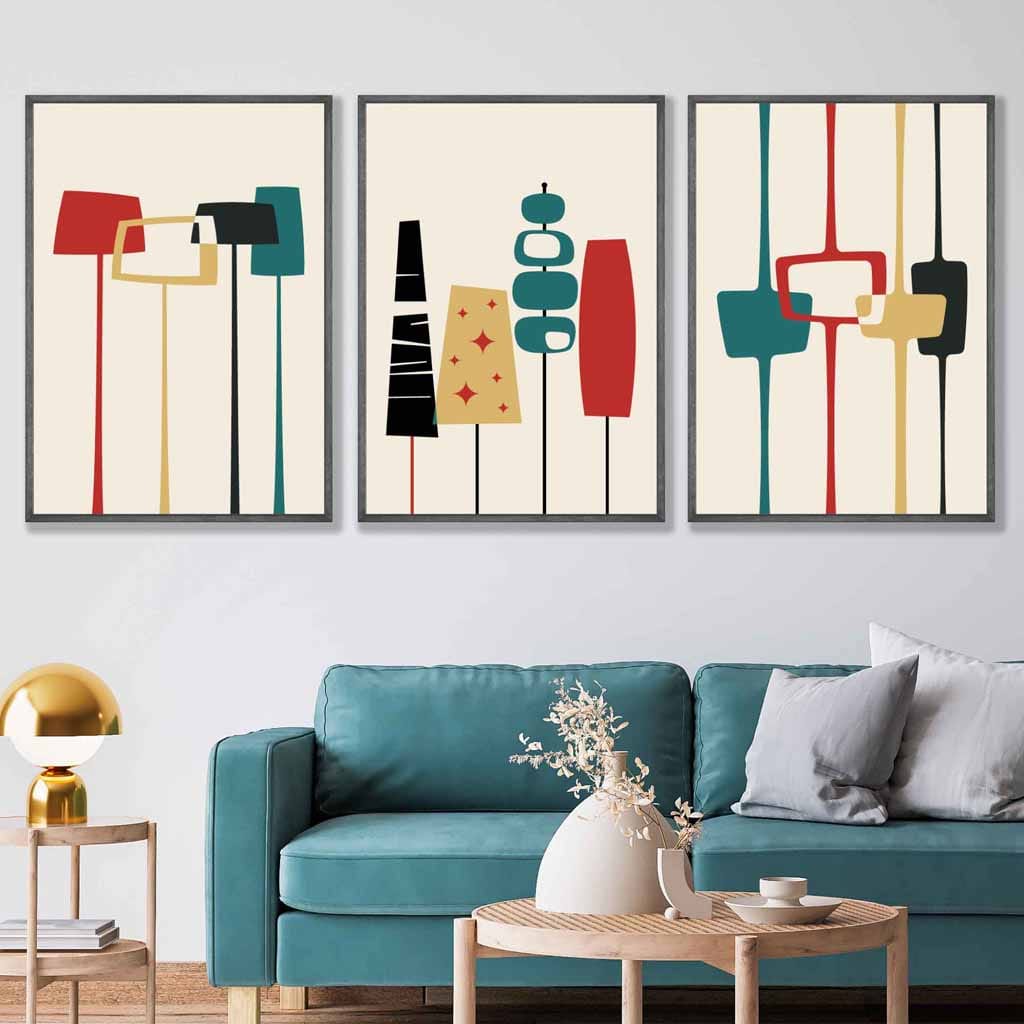 Mid Century Modern Set of 3 Wall Art Prints in Teal Red Yellow
