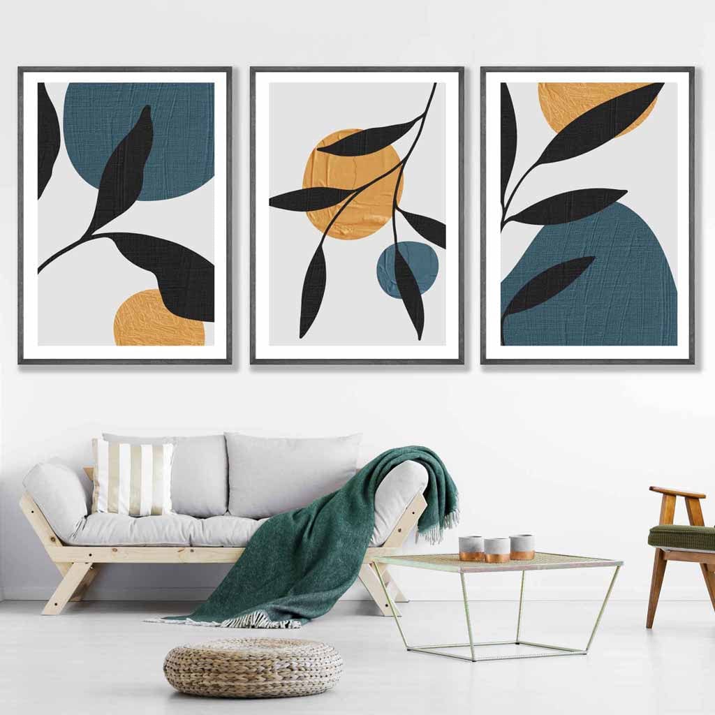 Mid Century Botanical Set of 3 Teal, Yellow Wall Art Prints