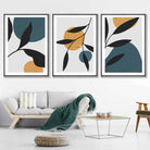 Mid Century Botanical Set of 3 Teal, Yellow Wall Art Prints
