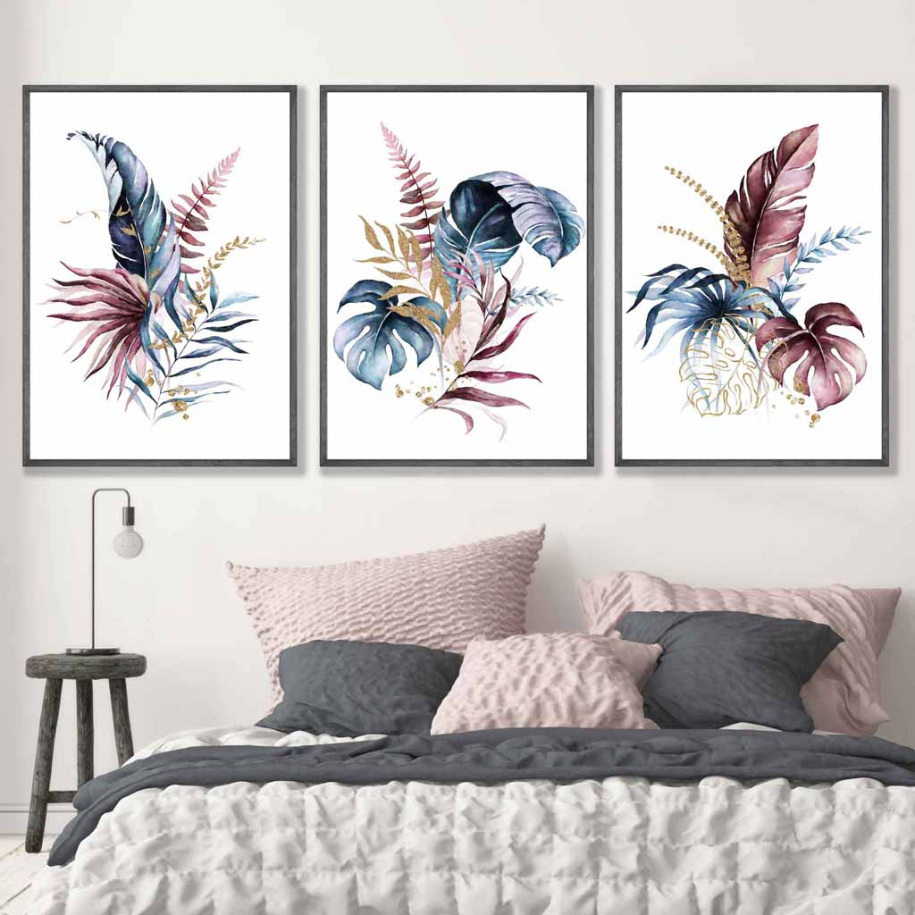 Botanical Set of 3 Pink and Blue Floral Wall Art Prints
