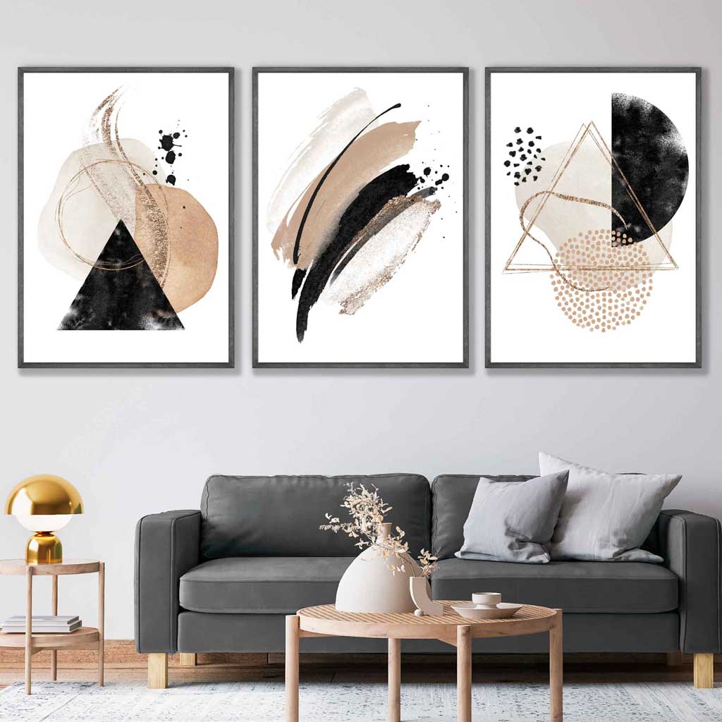 Abstract Black Beige Set of 3 Watercolour Shapes Framed Wall Art | Artze Wall Art UK