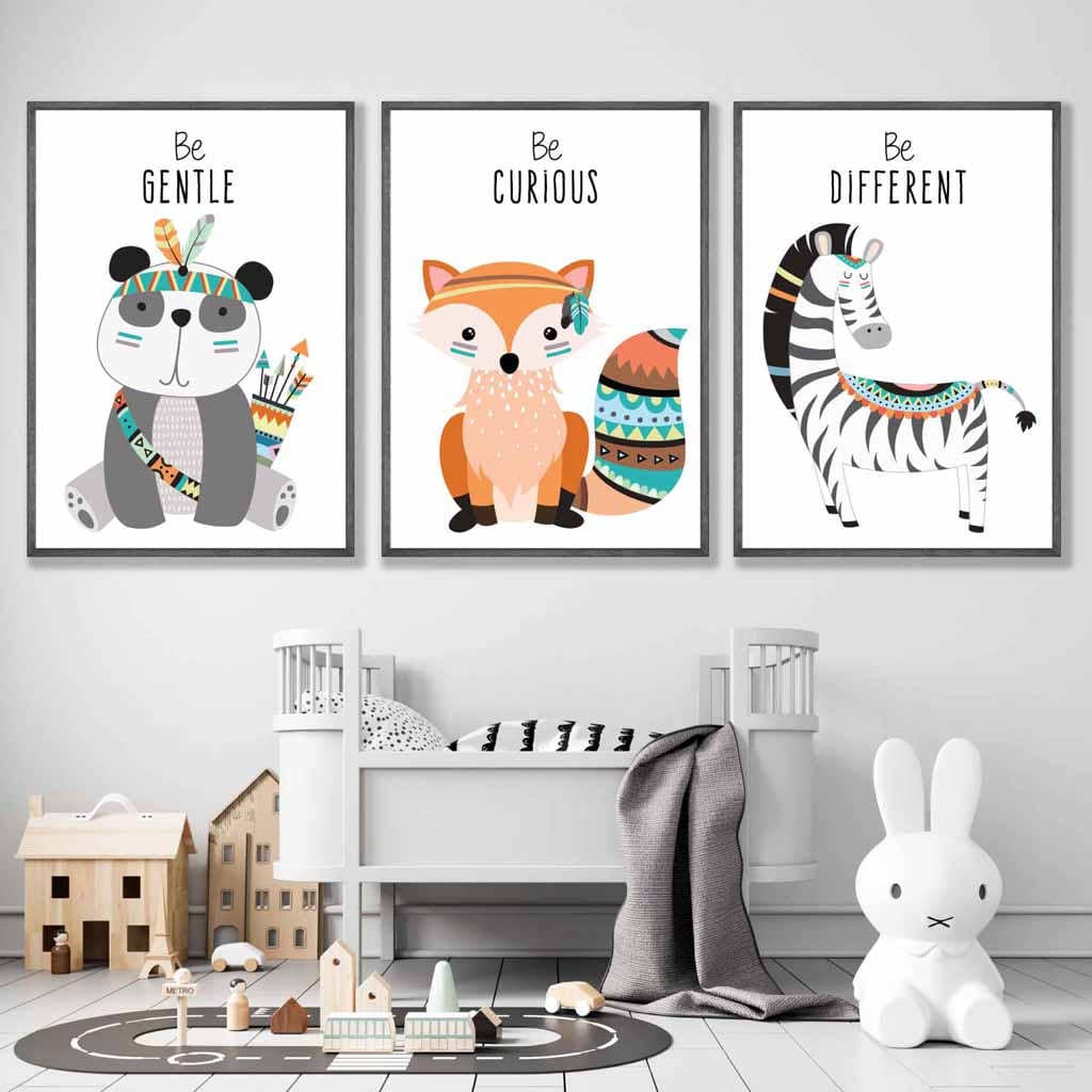 NURSERY Set of 3 Tribal Panda, Fox, Zebra Wall Art Quote Prints