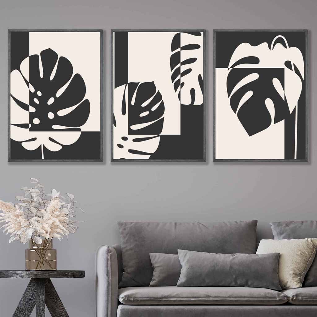 Set of 3 Black Graphical Monstera Botanical Art Prints