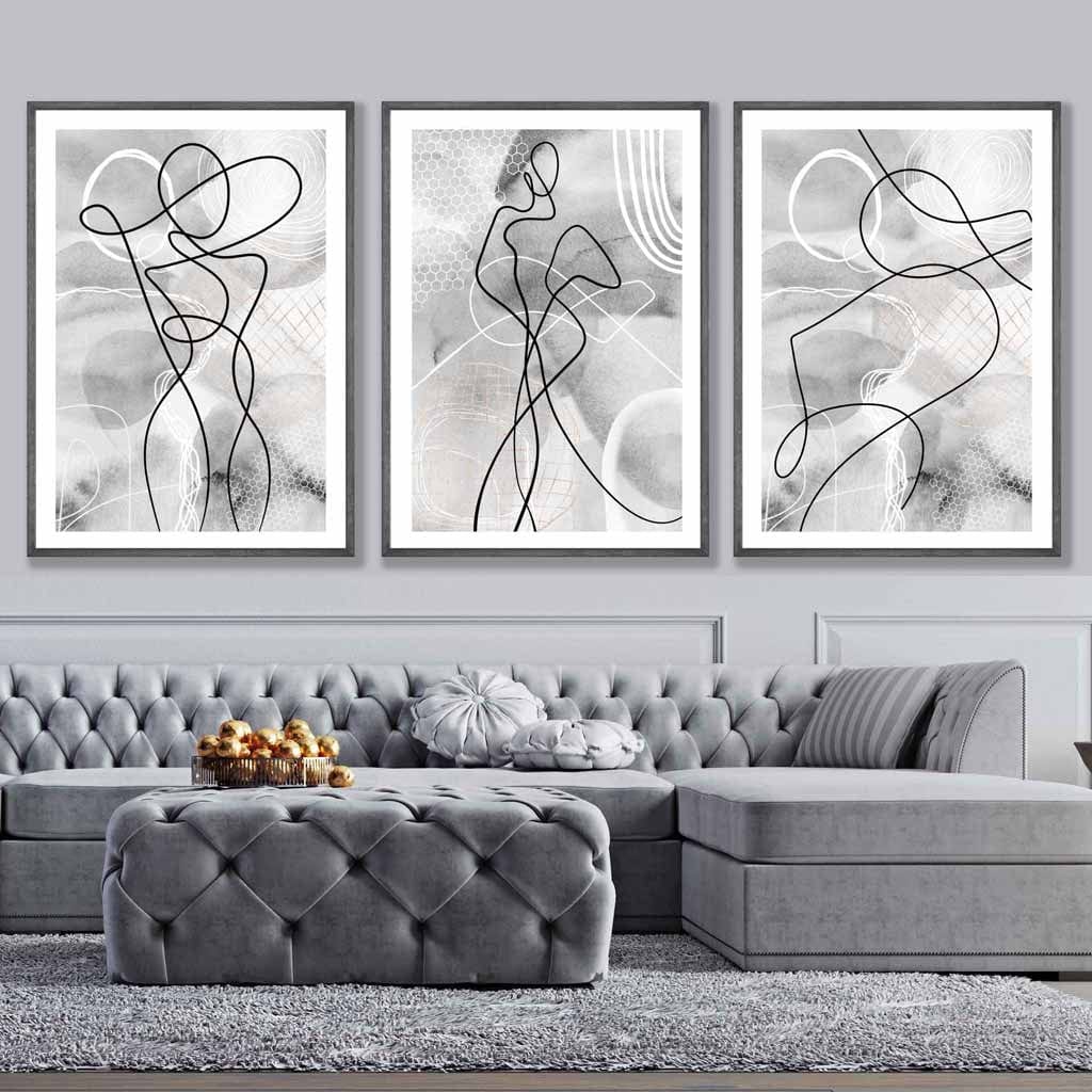 Abstract Set of 3 Fashion Line Art Wall Art Prints in Black & Grey