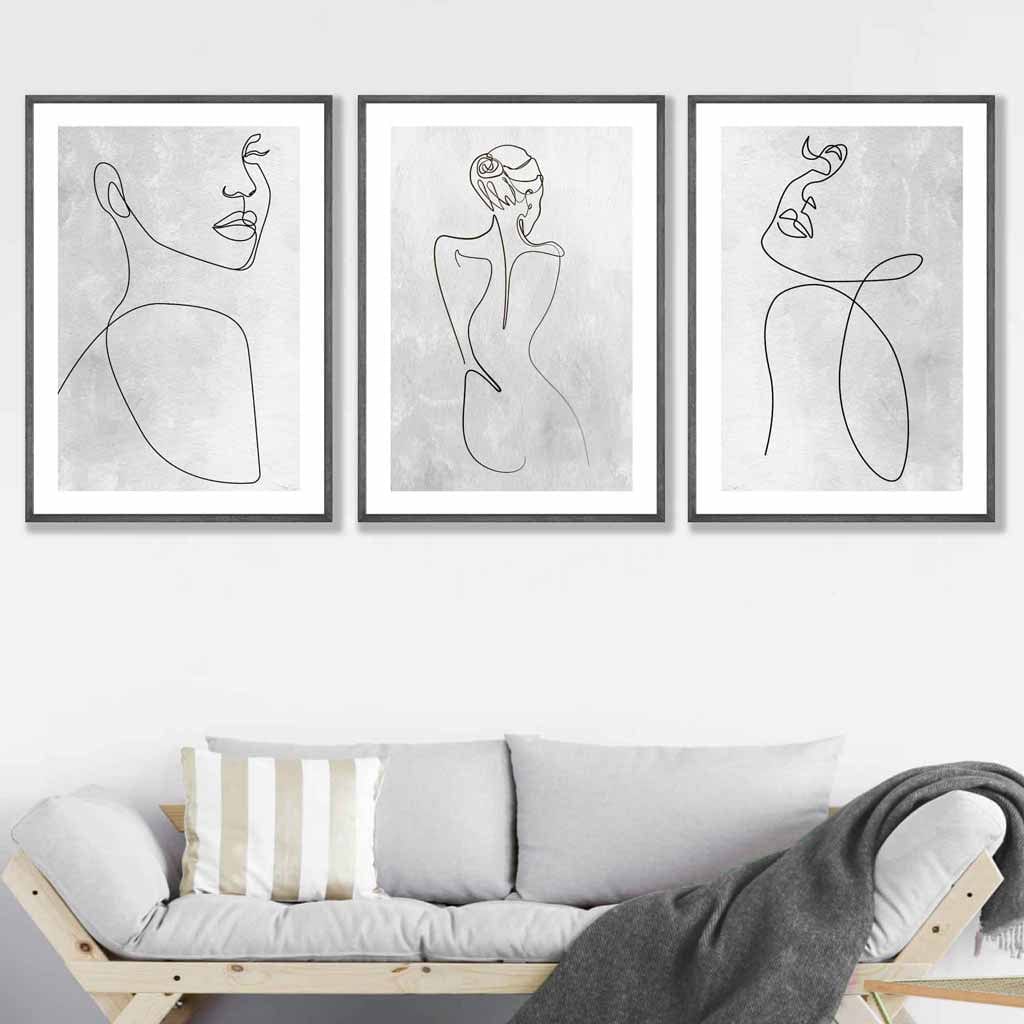 Abstract Line Art Female Grey Wall Art Set of 3 Framed Prints | Artze Wall Art UK
