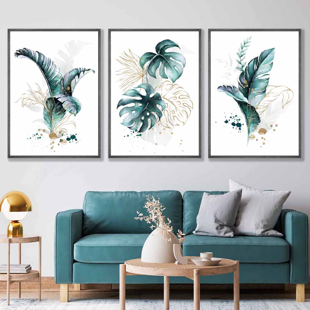 Teal Blue and Gold Botanical Set of 3 Floral Wall Art Prints