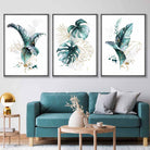 Teal Blue and Gold Botanical Set of 3 Floral Wall Art Prints