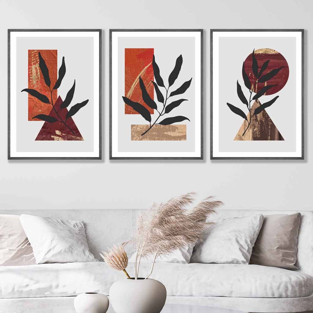 Mid Century Modern Set of 3 Wall Art Prints in Orange & Gold