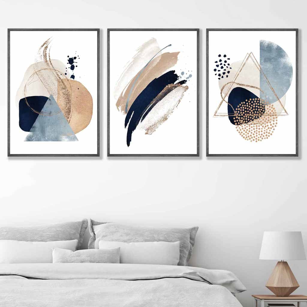 Set of 3 Abstract Beige Blue and Gold Wall Art Prints