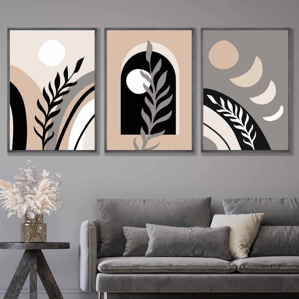 Boho Abstract Set of 3 Wall Art Prints in Black Beige and Grey