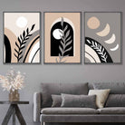 Boho Abstract Set of 3 Wall Art Prints in Black Beige and Grey