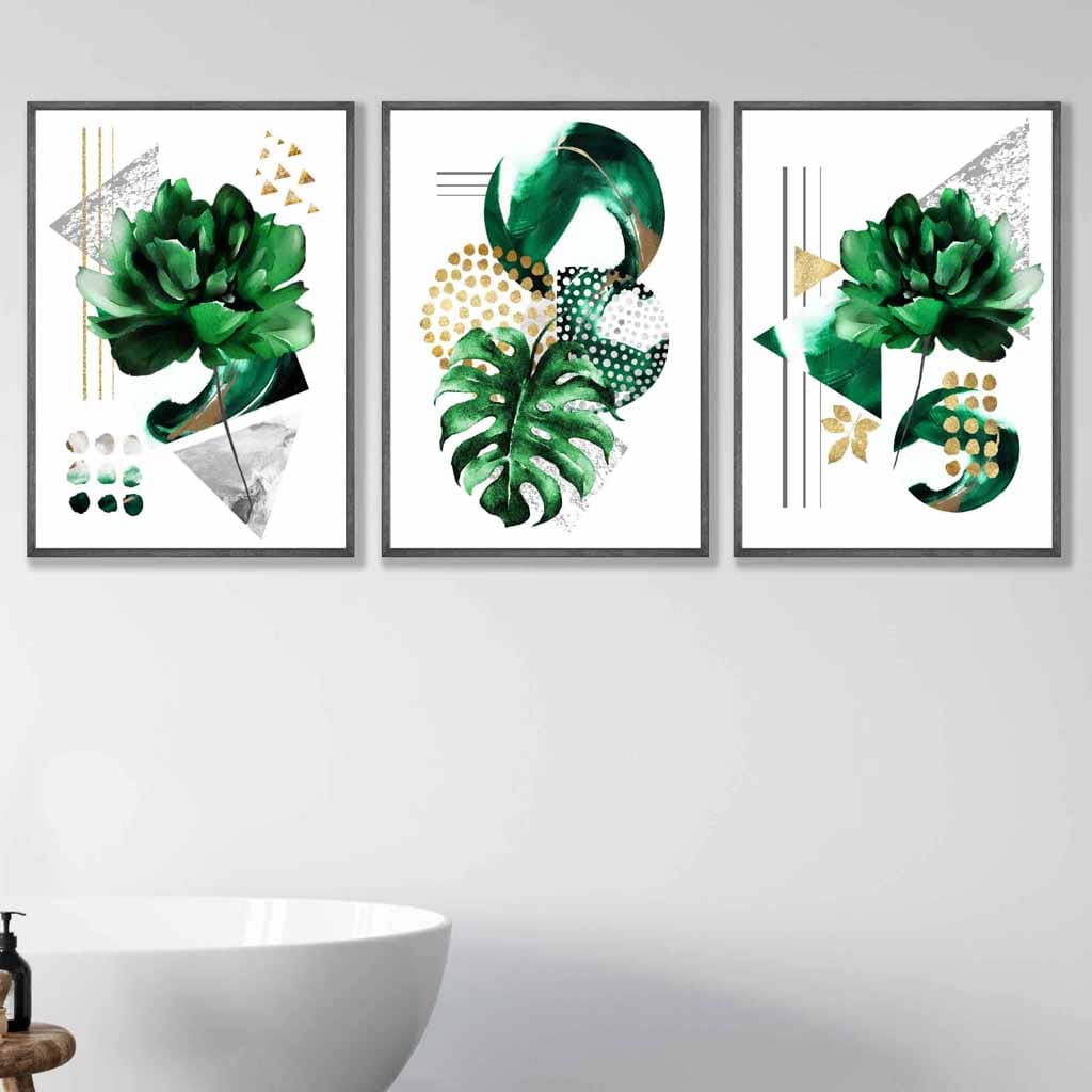 Abstract Green Gold Floral Set of 3 Framed Wall Art | Artze Wall Art UK