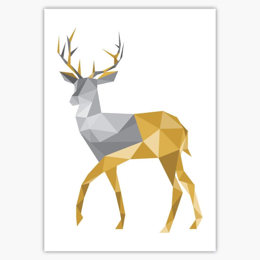 GEOMETRIC set of 3 YELLOW & Grey Art Prints STAG Antlers and Forest
