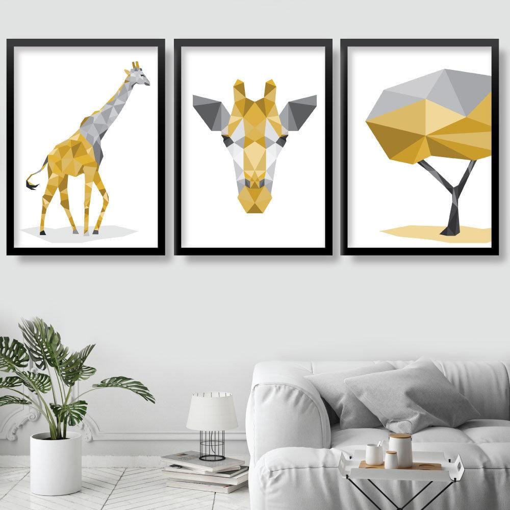 Set of 3 YELLOW & Grey Geometric Art Prints Giraffe and Tree Posters