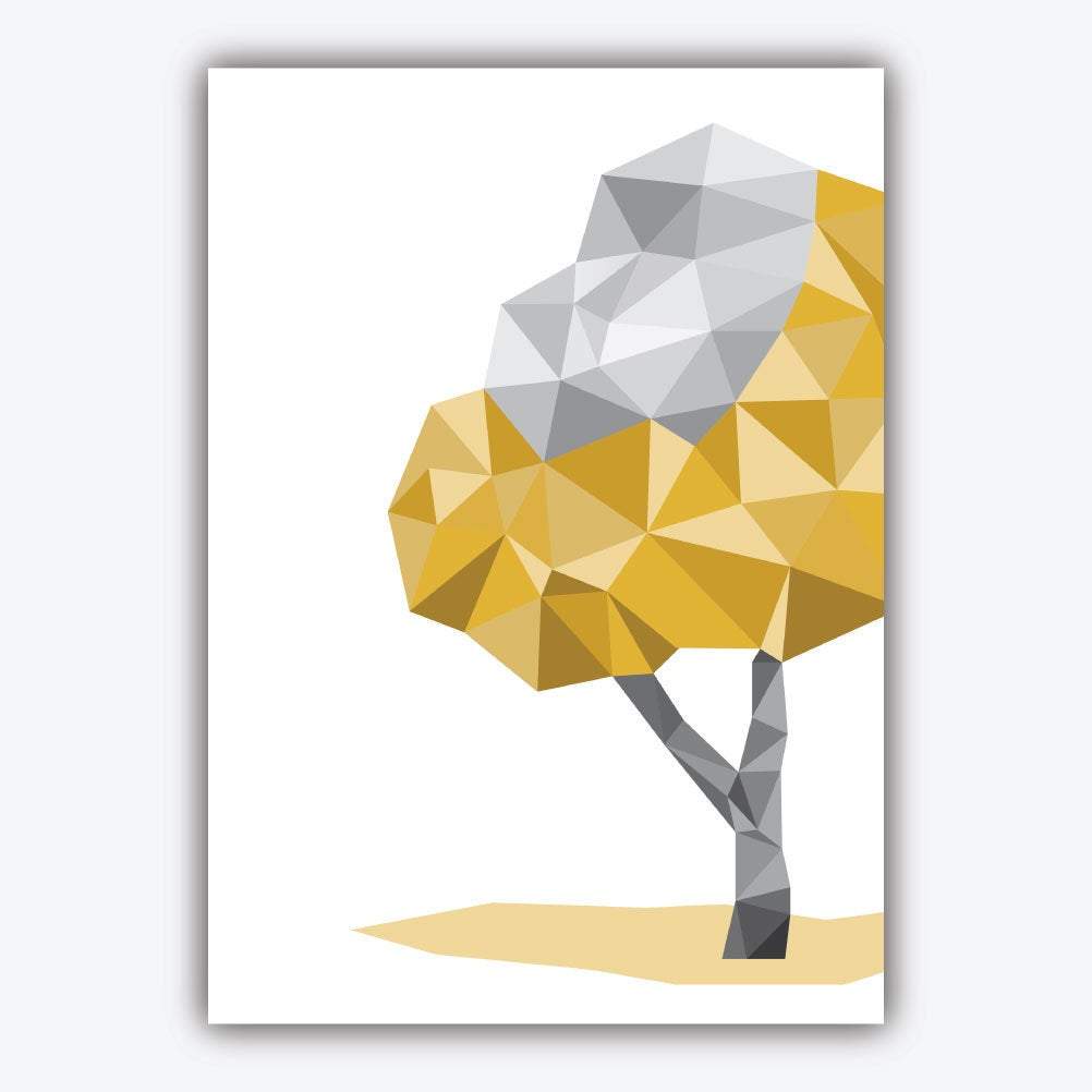 Geometric set of 3 YELLOW & Grey Wall Art Prints Elephant and Tree
