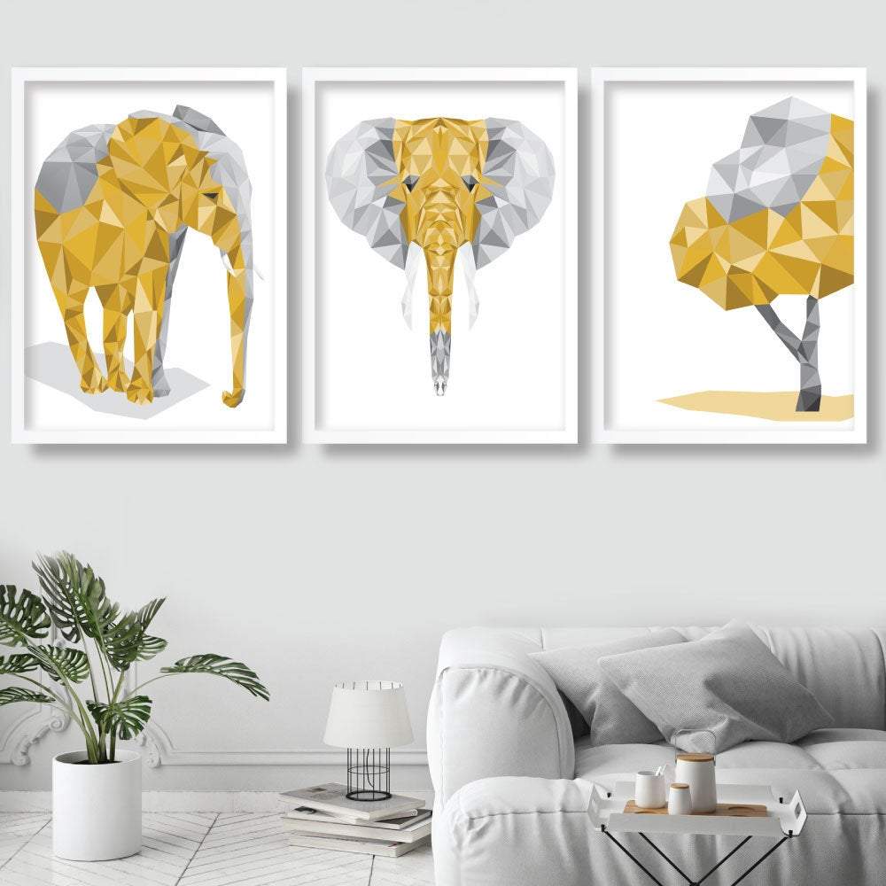 Geometric set of 3 YELLOW & Grey Wall Art Prints Elephant and Tree