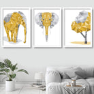 Geometric set of 3 YELLOW & Grey Wall Art Prints Elephant and Tree