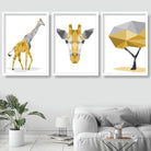 Set of 3 YELLOW & Grey Geometric Art Prints Giraffe and Tree Posters
