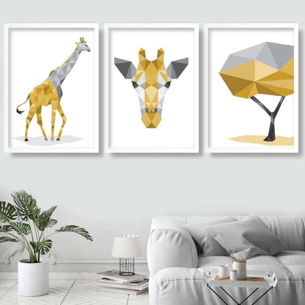 Set of 3 YELLOW & Grey Geometric Art Prints Giraffe and Tree Posters