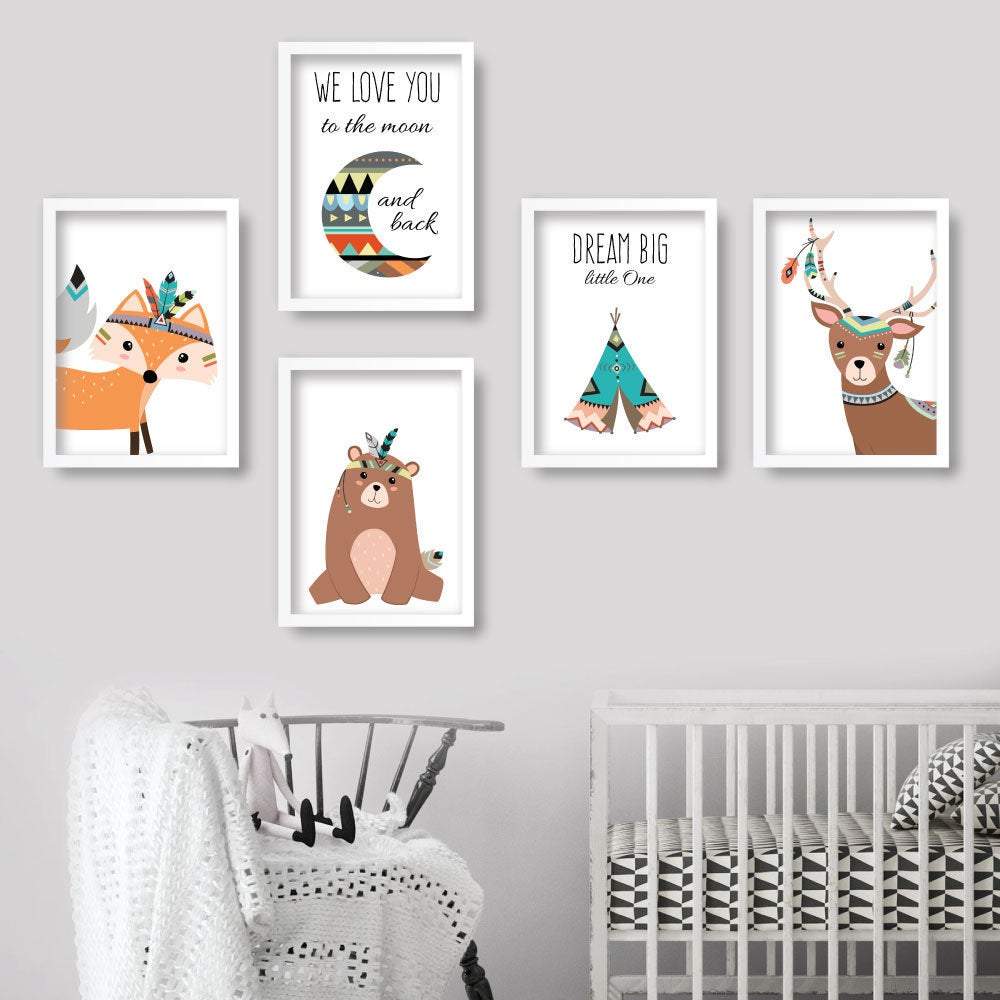 Nursery set of 5 TRIBAL Art Prints Forest Animals and Love Moon Dream Big Quote Wall Pictures Posters Artwork