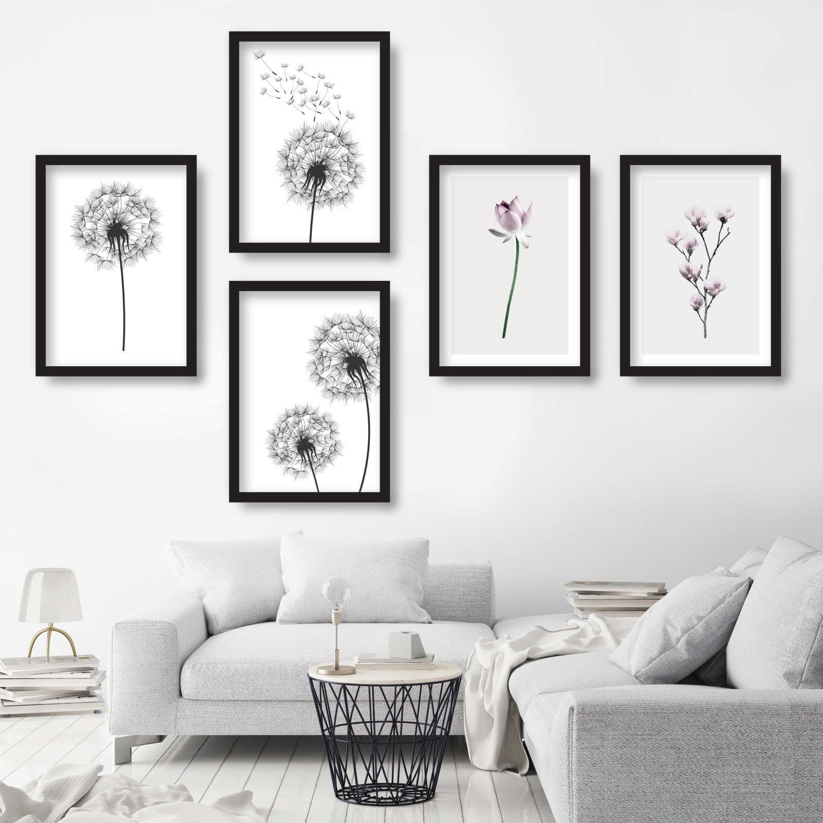 Set of 5 ORIGINAL Gallery wall ART Prints Graphical Sketch DANDELION triptych with Pair of Magnolia Art Photographs Botanical Floral