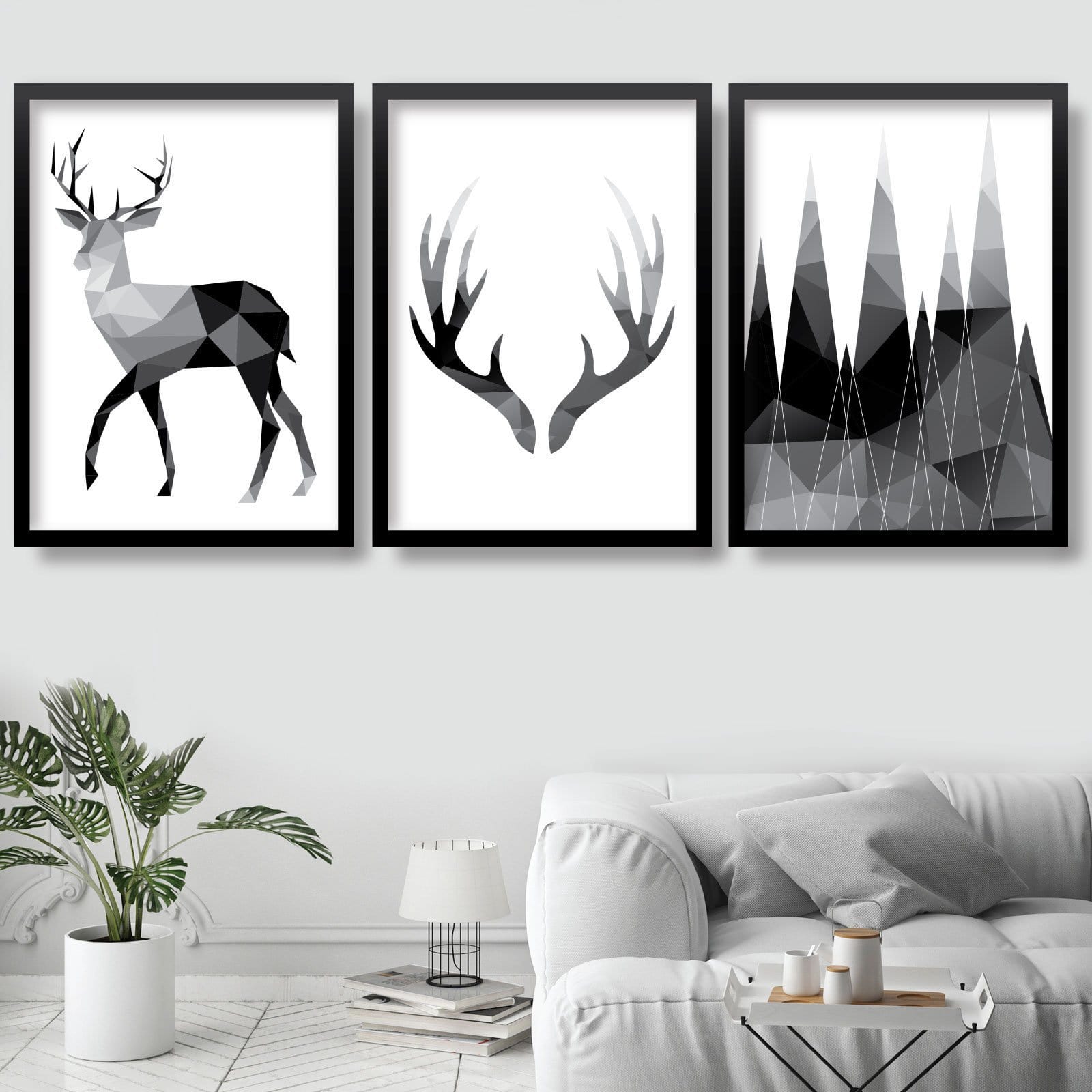 GEOMETRIC set of 3 Monochrome Black & Grey Art Prints STAG Antlers and Mountains