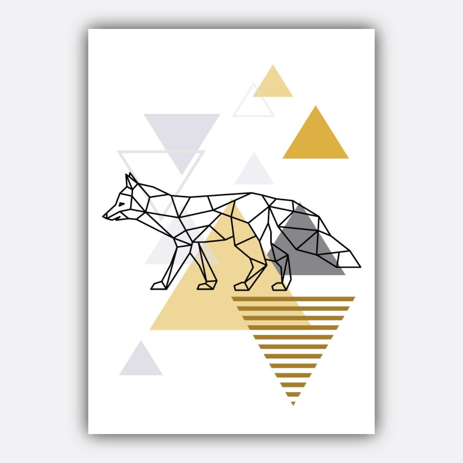 Set of 3 Scandinavian YELLOW & Grey FOX and Triangles Modern Art Prints