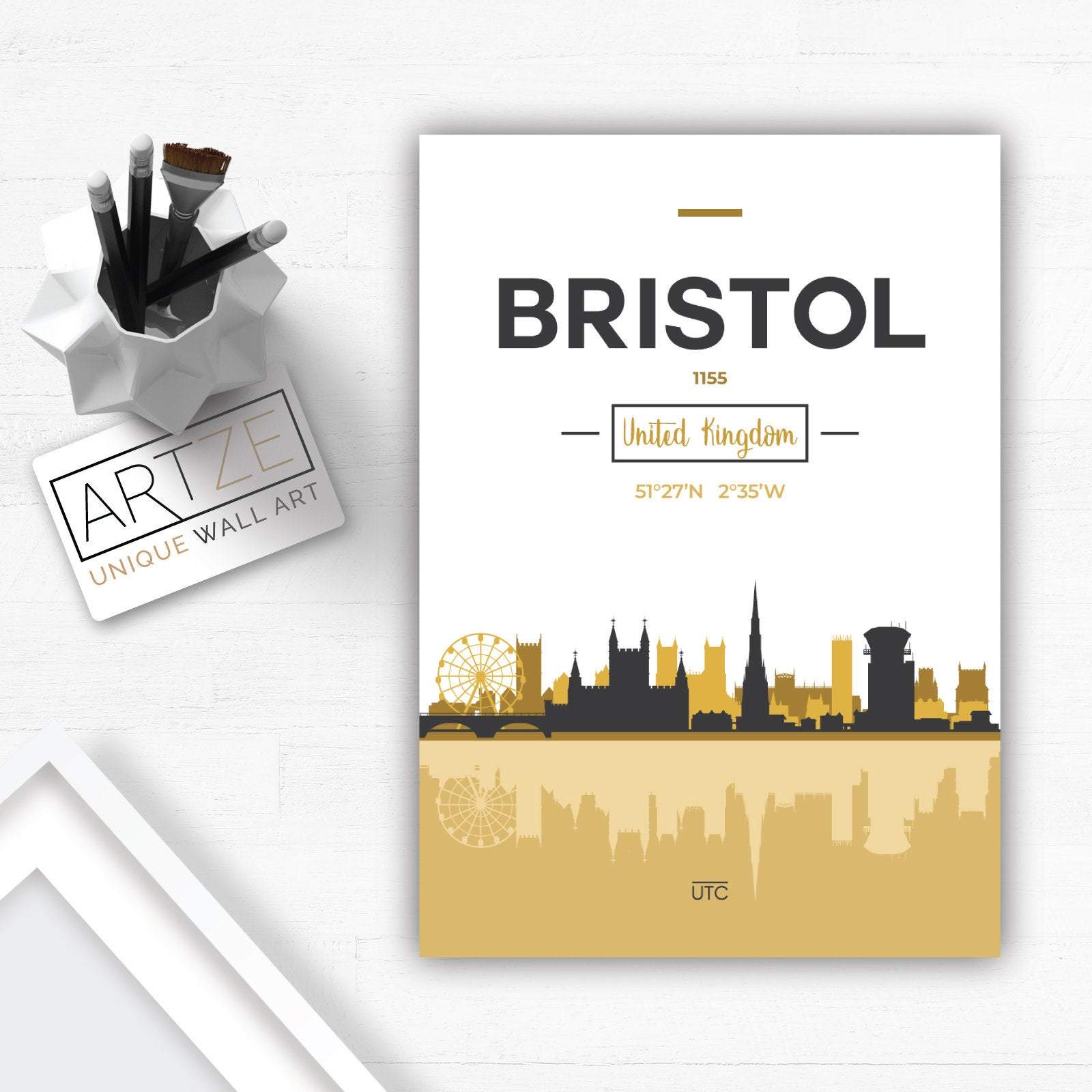 BRISTOL Skyline, Bristol Cityscape England, Yellow and Grey Art Print wall Art PRINT poster artwork home decor