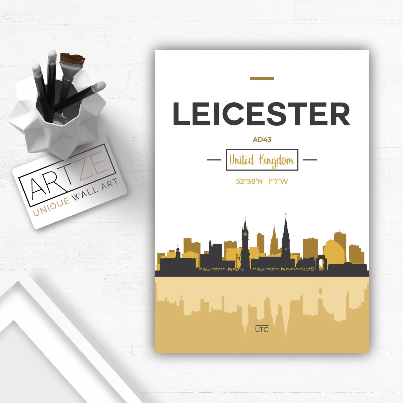 LEICESTER Skyline, Leicester Cityscape England, Yellow and Grey Art Print wall Art PRINT poster artwork home decor