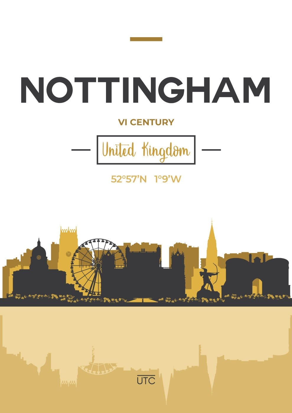 NOTTINGHAM Skyline, Nottingham Cityscape England, Yellow and Grey Art Print wall Art PRINT poster artwork home decor