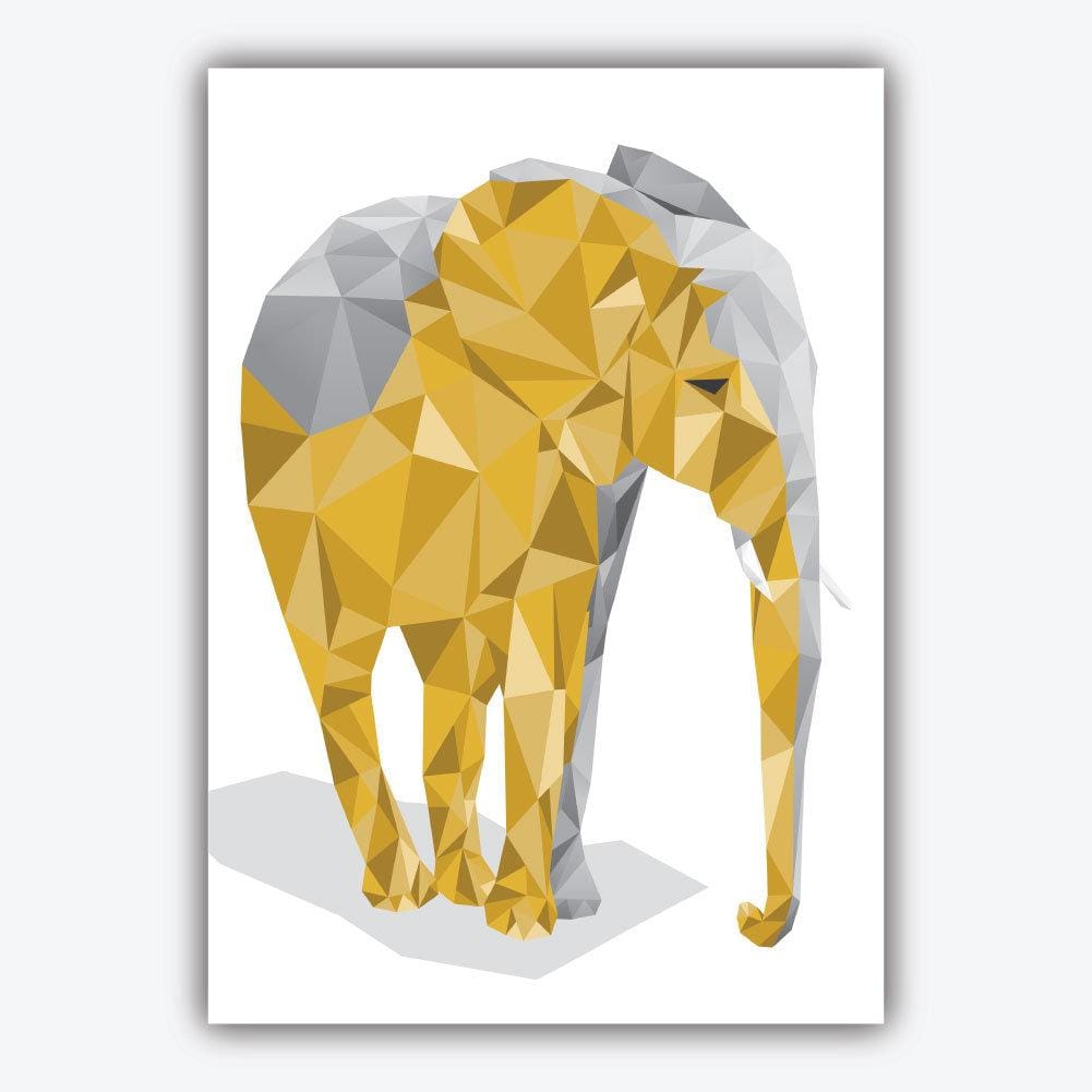 Geometric set of 3 YELLOW & Grey Wall Art Prints Elephant and Tree