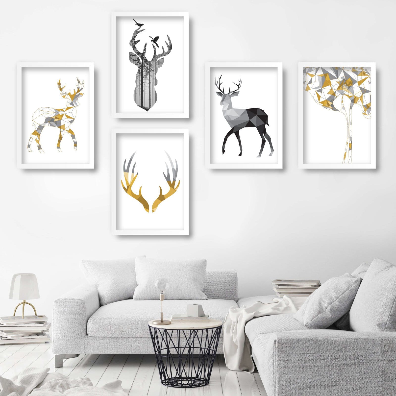 Set of 5 Scandinavian GEOMETRIC Gallery Wall Art Prints STAG deer Yellow & Grey Wall Pictures Posters Artwork