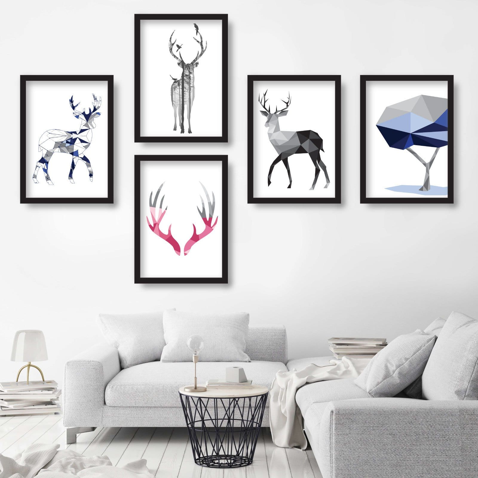 Set of 5 STAG deer Scandinavian GEOMETRIC Gallery Wall Art Prints Navy Blue, Pink & Grey Wall Pictures Posters Artwork